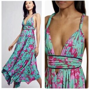 FREE PEOPLE Party Summer Nights Floral Pink Fuchsia Teal Maxi Dress XS